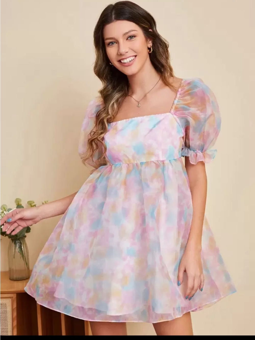 SHEIN Pastel Multicolor Puff Sleeve Mini Dress